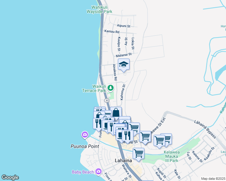 map of restaurants, bars, coffee shops, grocery stores, and more near 1386 Komohana Place in Lahaina