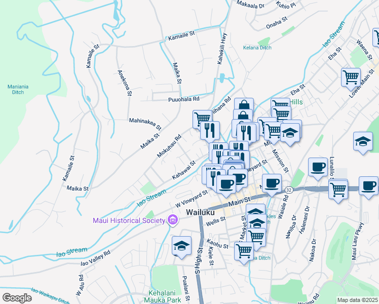 map of restaurants, bars, coffee shops, grocery stores, and more near 2121 Kuamoo Place in Wailuku