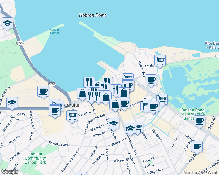 map of restaurants, bars, coffee shops, grocery stores, and more near 7 East Kaahumanu Avenue in Kahului