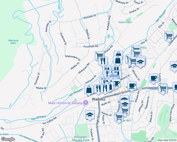 map of restaurants, bars, coffee shops, grocery stores, and more near 293 Makua Street in Wailuku
