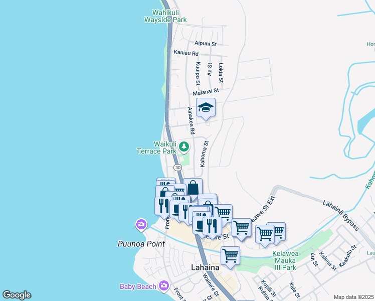 map of restaurants, bars, coffee shops, grocery stores, and more near 1386 Komohana Place in Lahaina