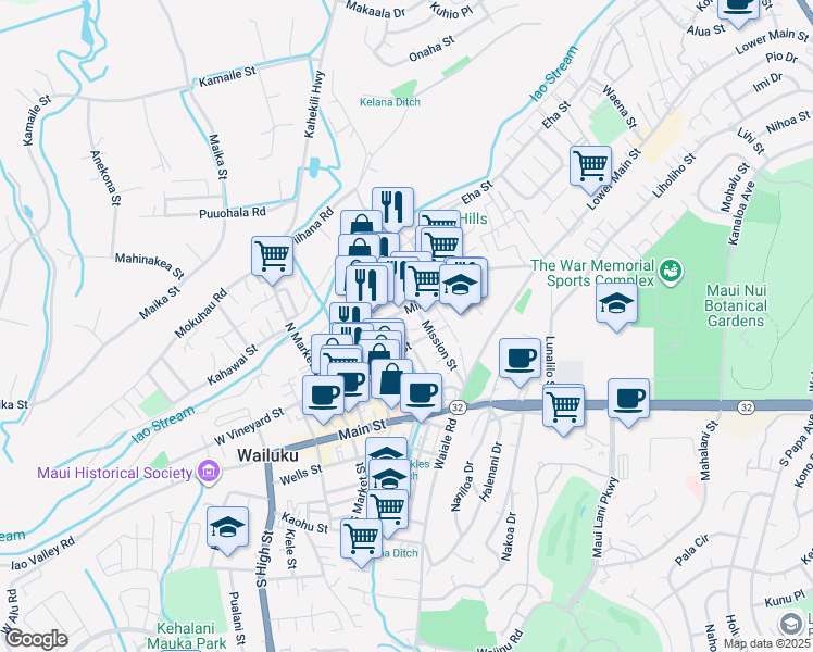 map of restaurants, bars, coffee shops, grocery stores, and more near 144 Kaniela Street in Wailuku