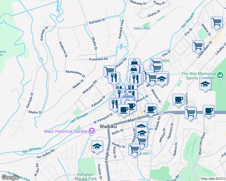 map of restaurants, bars, coffee shops, grocery stores, and more near 318 North Market Street in Wailuku