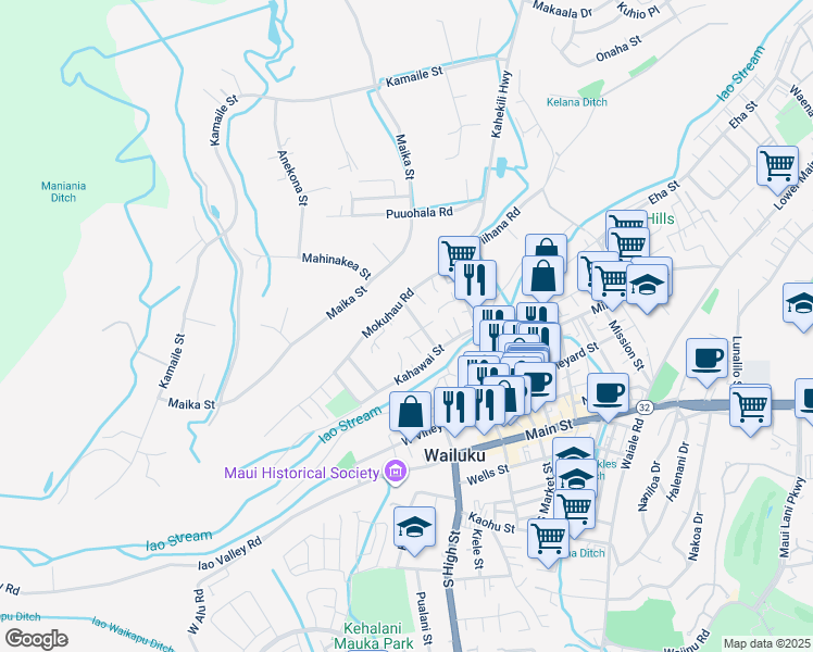 map of restaurants, bars, coffee shops, grocery stores, and more near 293 Makua Street in Wailuku