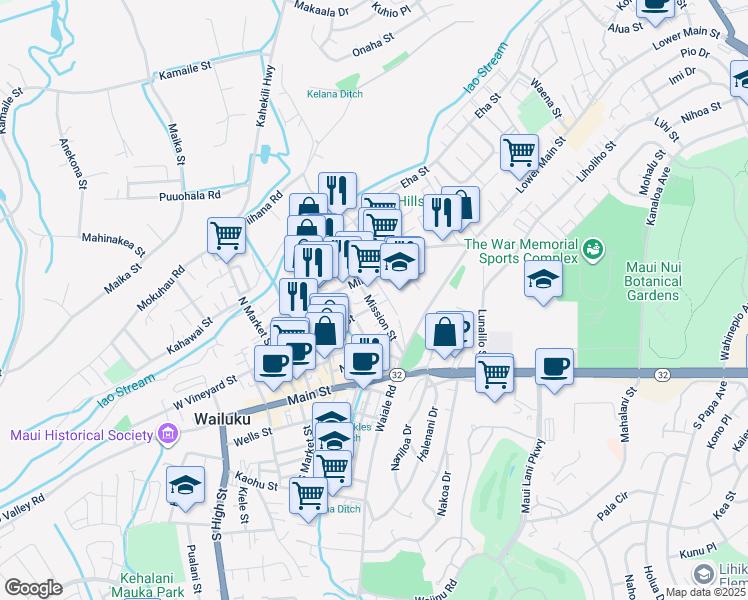 map of restaurants, bars, coffee shops, grocery stores, and more near 1720 East Vineyard Street in Wailuku