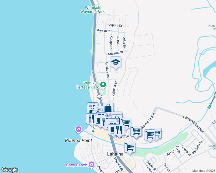 map of restaurants, bars, coffee shops, grocery stores, and more near 1381 Ainakea Road in Lahaina