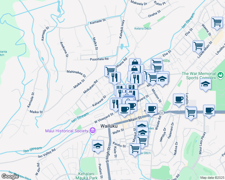 map of restaurants, bars, coffee shops, grocery stores, and more near 318 North Market Street in Wailuku