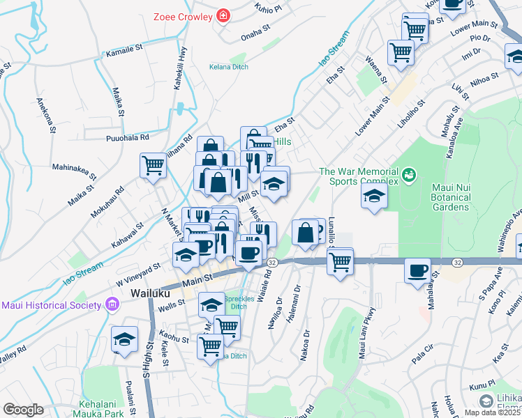 map of restaurants, bars, coffee shops, grocery stores, and more near 1720 East Vineyard Street in Wailuku