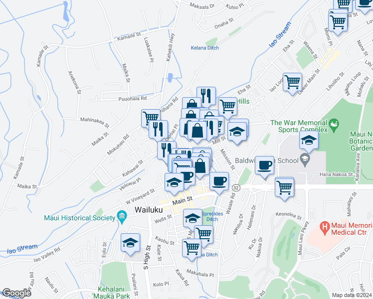 map of restaurants, bars, coffee shops, grocery stores, and more near 1870 Mill Street in Wailuku