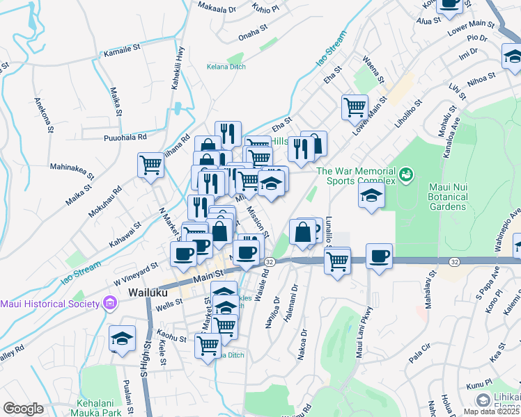 map of restaurants, bars, coffee shops, grocery stores, and more near 1708 East Vineyard Street in Wailuku
