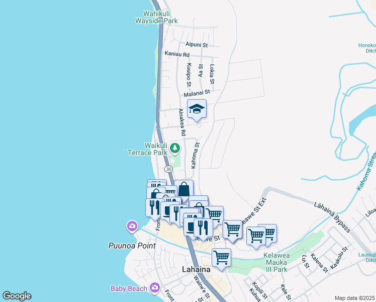 map of restaurants, bars, coffee shops, grocery stores, and more near 1382 Ainakea Road in Lahaina