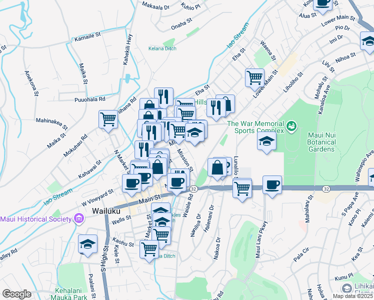 map of restaurants, bars, coffee shops, grocery stores, and more near 1708 East Vineyard Street in Wailuku