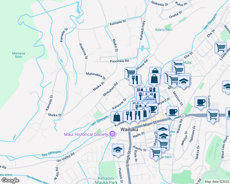 map of restaurants, bars, coffee shops, grocery stores, and more near 305 Makua Street in Wailuku