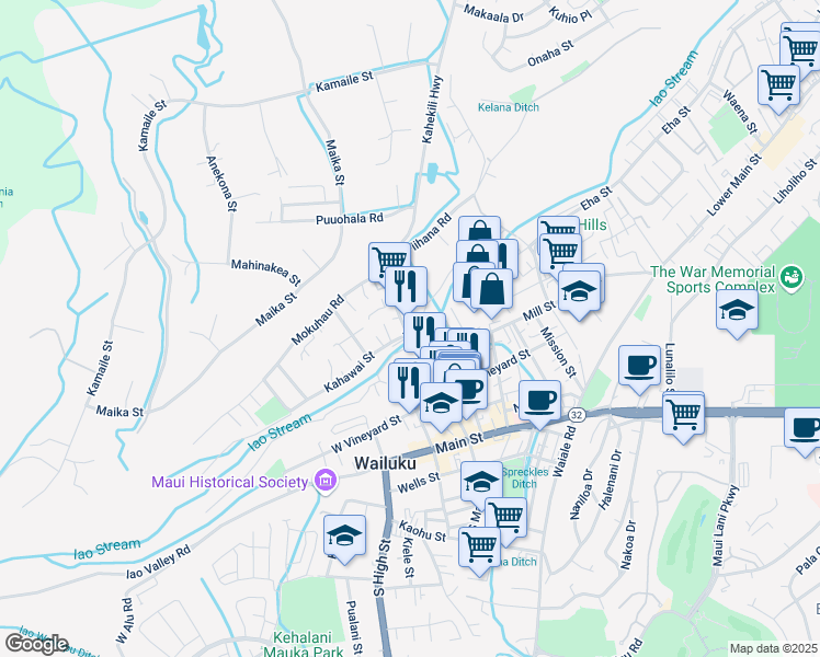 map of restaurants, bars, coffee shops, grocery stores, and more near 318 North Market Street in Wailuku