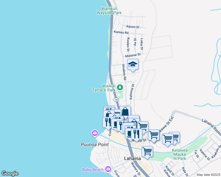 map of restaurants, bars, coffee shops, grocery stores, and more near 1429 Front Street in Lahaina