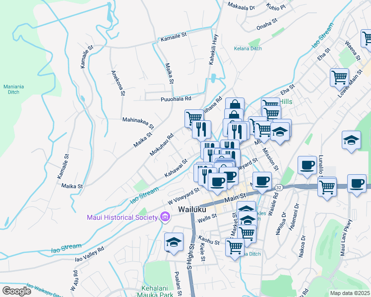 map of restaurants, bars, coffee shops, grocery stores, and more near 289 Pule Place in Wailuku