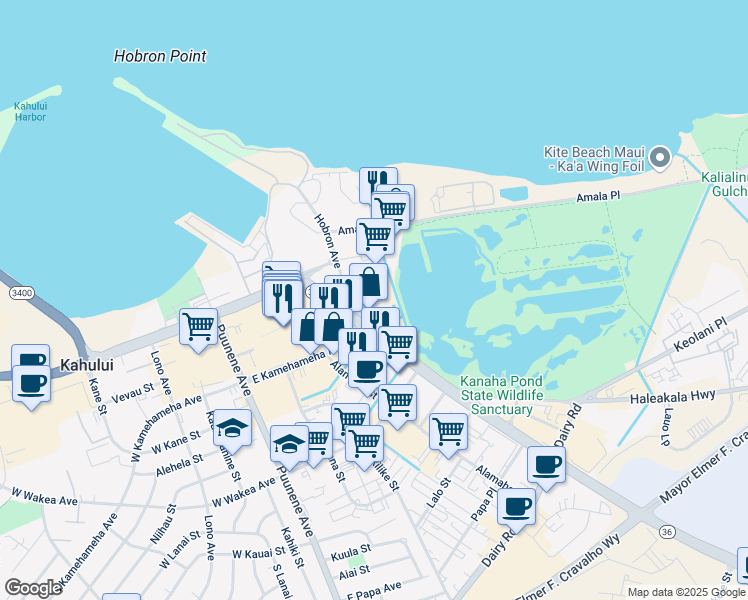 map of restaurants, bars, coffee shops, grocery stores, and more near 30 Hobron Avenue in Kahului