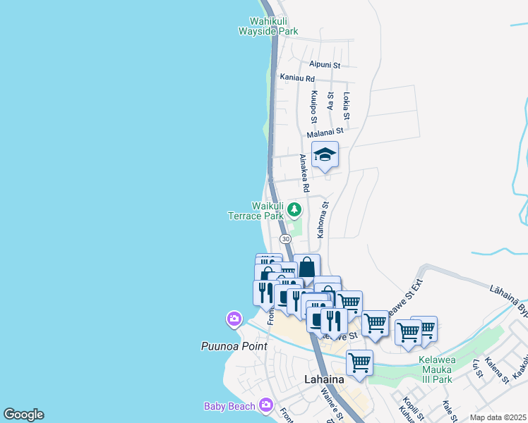 map of restaurants, bars, coffee shops, grocery stores, and more near 1429 Front Street in Lahaina