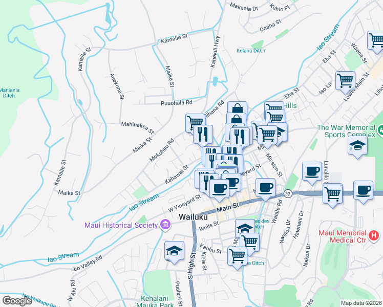 map of restaurants, bars, coffee shops, grocery stores, and more near 2030 Kahawai Street in Wailuku