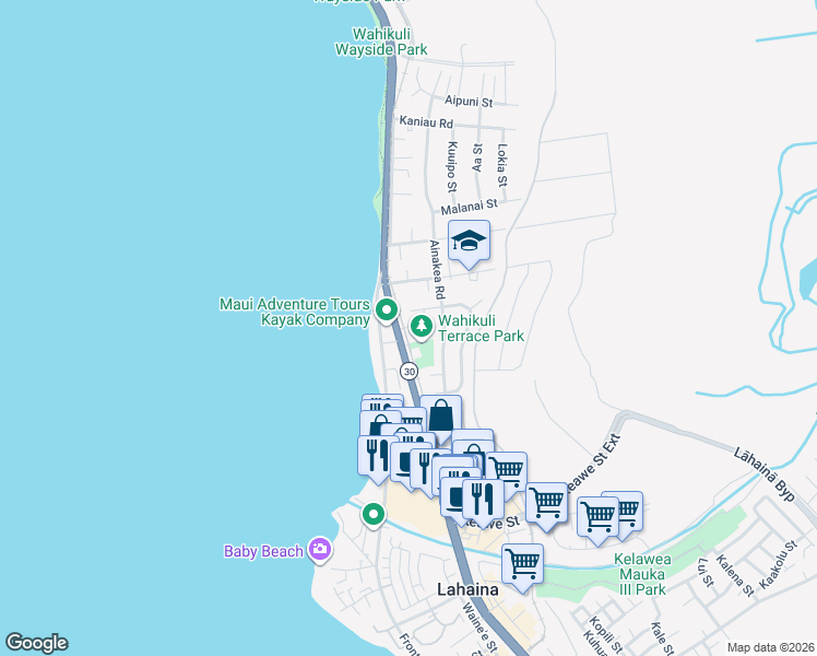 map of restaurants, bars, coffee shops, grocery stores, and more near 1371 Komohana Place in Lahaina