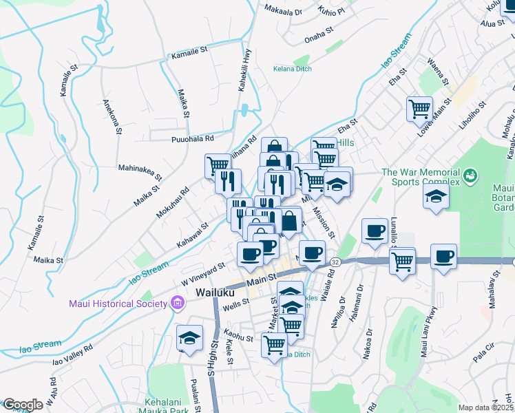 map of restaurants, bars, coffee shops, grocery stores, and more near 221 Lepoko Place in Wailuku