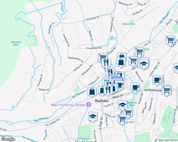 map of restaurants, bars, coffee shops, grocery stores, and more near 2101 Mokuhau Road in Wailuku
