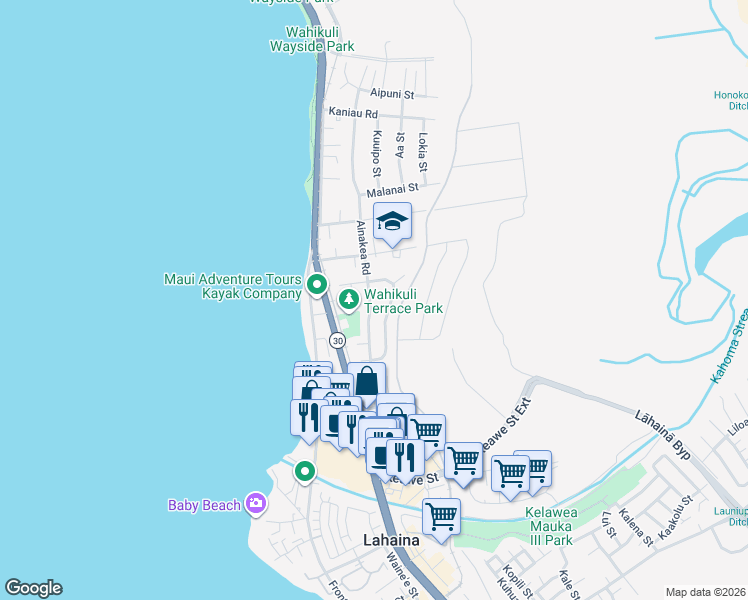 map of restaurants, bars, coffee shops, grocery stores, and more near 1388 Ainakea Road in Lahaina