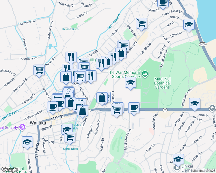 map of restaurants, bars, coffee shops, grocery stores, and more near 1736 Kamamalu Place in Wailuku