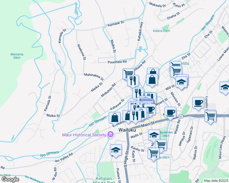 map of restaurants, bars, coffee shops, grocery stores, and more near 305 Makua Street in Wailuku