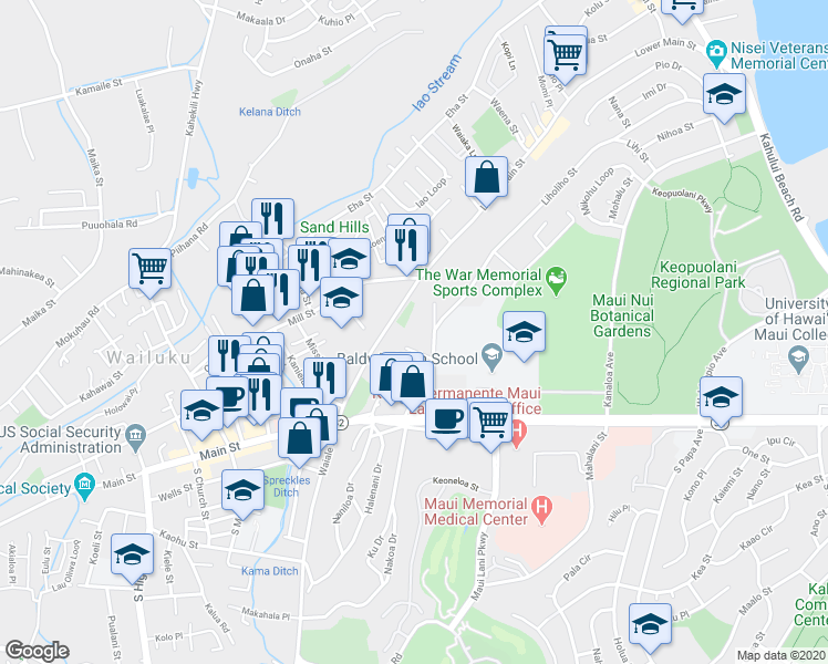 map of restaurants, bars, coffee shops, grocery stores, and more near 1736 Kamamalu Place in Wailuku
