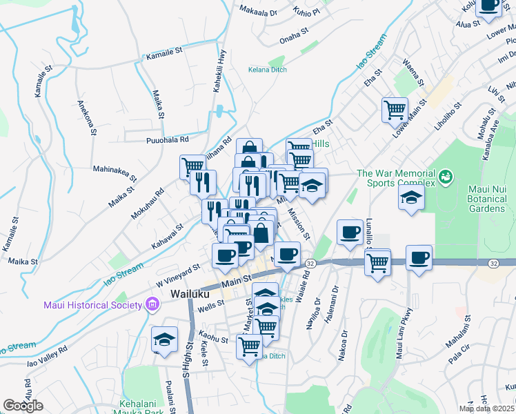 map of restaurants, bars, coffee shops, grocery stores, and more near 1816 Mill Street in Wailuku