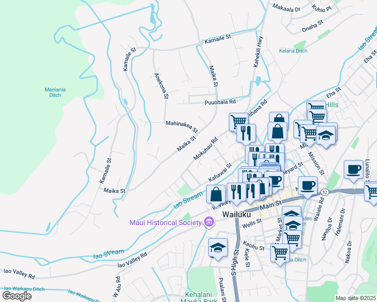 map of restaurants, bars, coffee shops, grocery stores, and more near 316 Maika Street in Wailuku