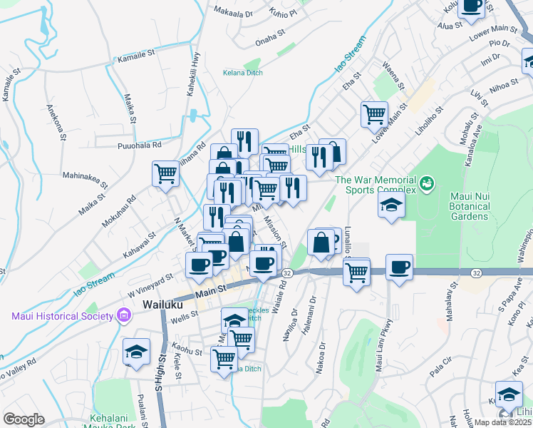 map of restaurants, bars, coffee shops, grocery stores, and more near 1720 East Vineyard Street in Wailuku