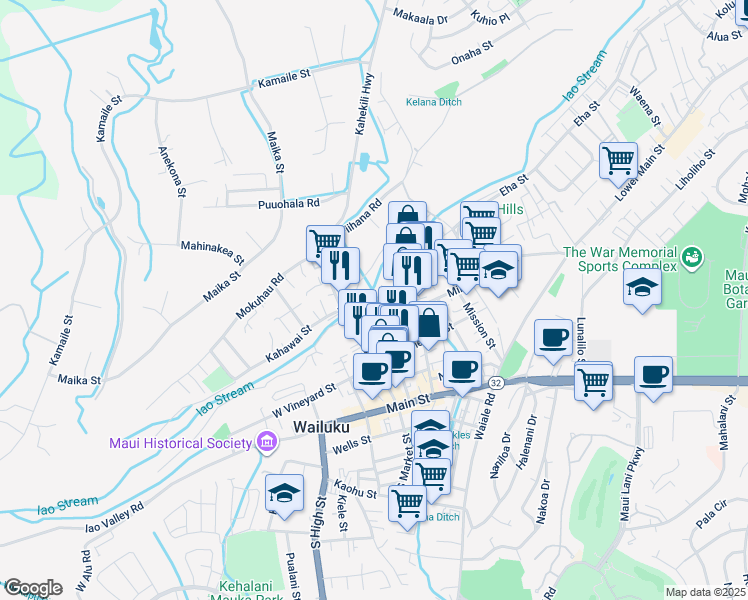 map of restaurants, bars, coffee shops, grocery stores, and more near 1950A Liko Place in Wailuku