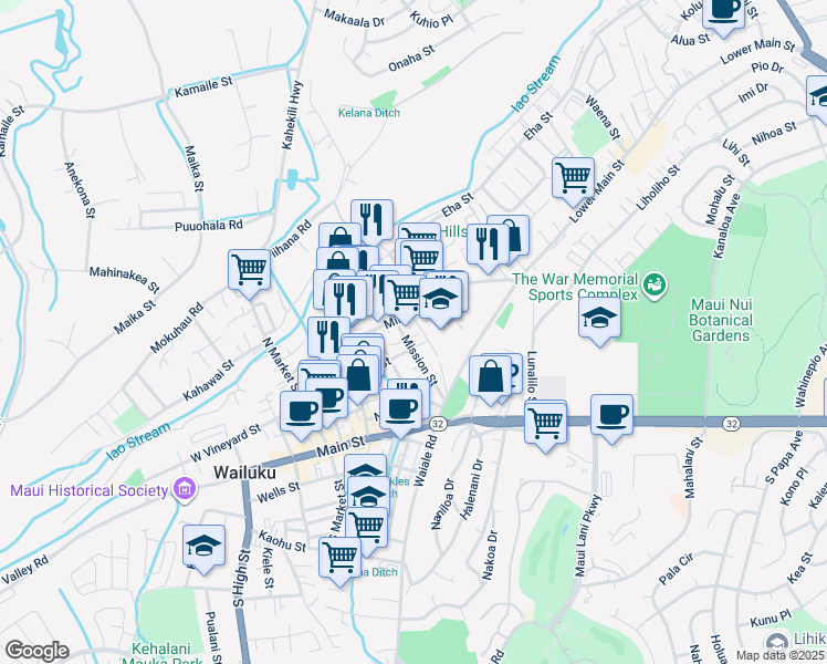 map of restaurants, bars, coffee shops, grocery stores, and more near 1718 Lehua Place in Wailuku
