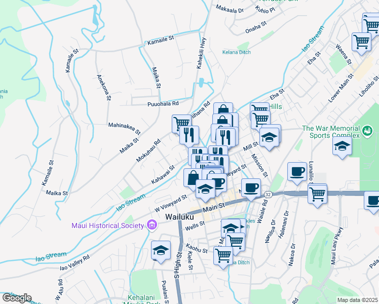 map of restaurants, bars, coffee shops, grocery stores, and more near 318 North Market Street in Wailuku