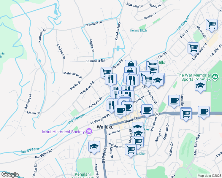 map of restaurants, bars, coffee shops, grocery stores, and more near 318 North Market Street in Wailuku