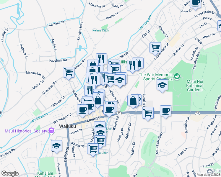 map of restaurants, bars, coffee shops, grocery stores, and more near 1720 East Vineyard Street in Wailuku