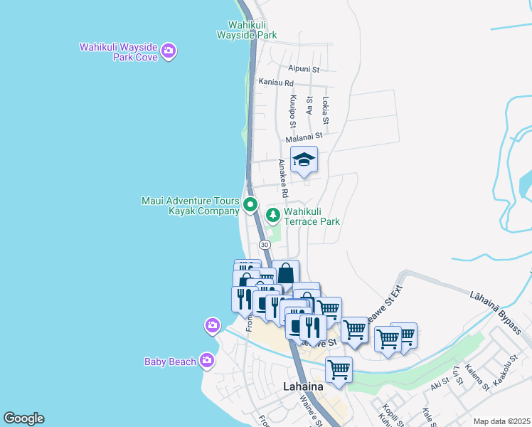 map of restaurants, bars, coffee shops, grocery stores, and more near 1373 Komohana Place in Lahaina