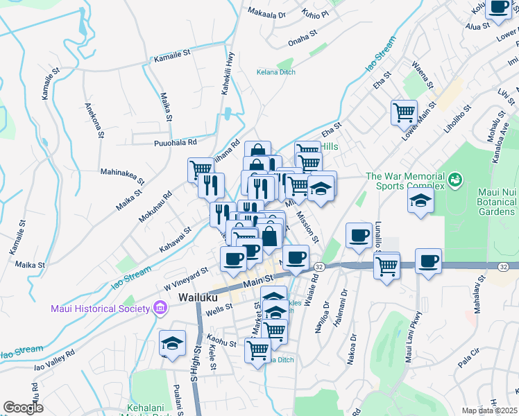 map of restaurants, bars, coffee shops, grocery stores, and more near 1787 Wili Pa Loop in Wailuku