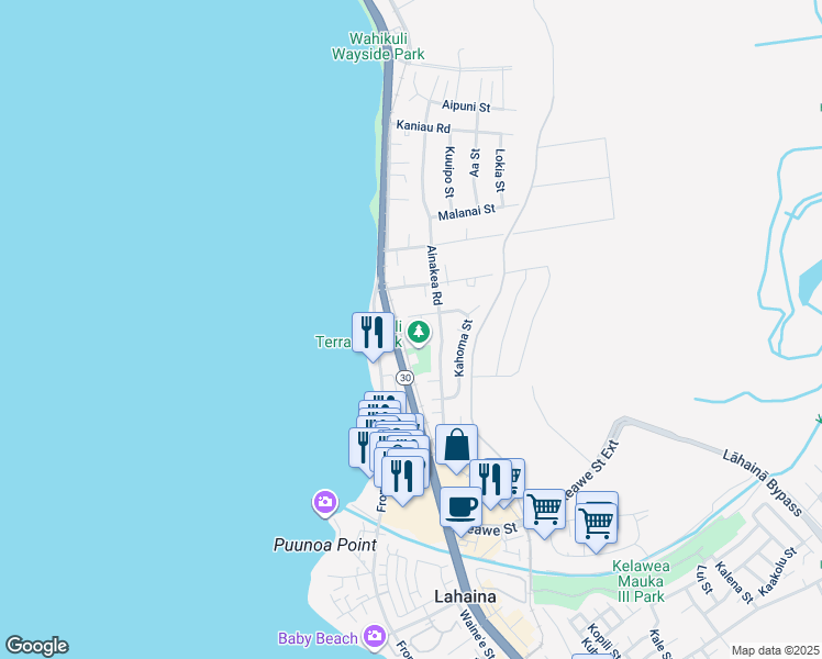map of restaurants, bars, coffee shops, grocery stores, and more near 1375 Komohana Place in Lahaina