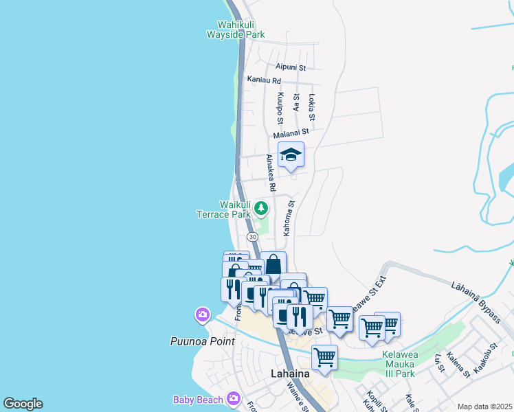 map of restaurants, bars, coffee shops, grocery stores, and more near 1375 Komohana Place in Lahaina