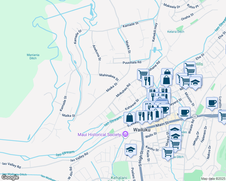 map of restaurants, bars, coffee shops, grocery stores, and more near 316 Maika Street in Wailuku