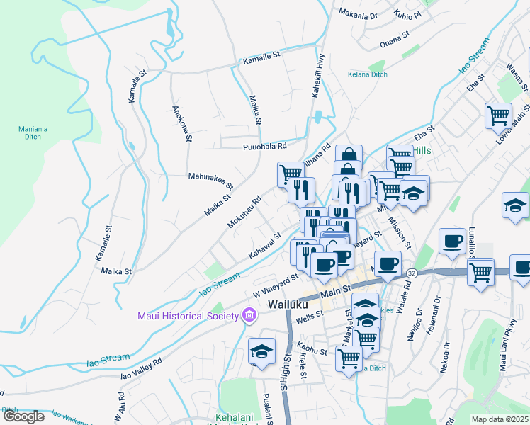 map of restaurants, bars, coffee shops, grocery stores, and more near 290 Makua Street in Wailuku