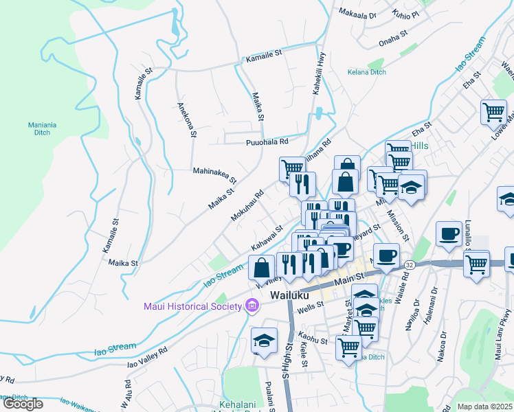 map of restaurants, bars, coffee shops, grocery stores, and more near 335 Makua Street in Wailuku