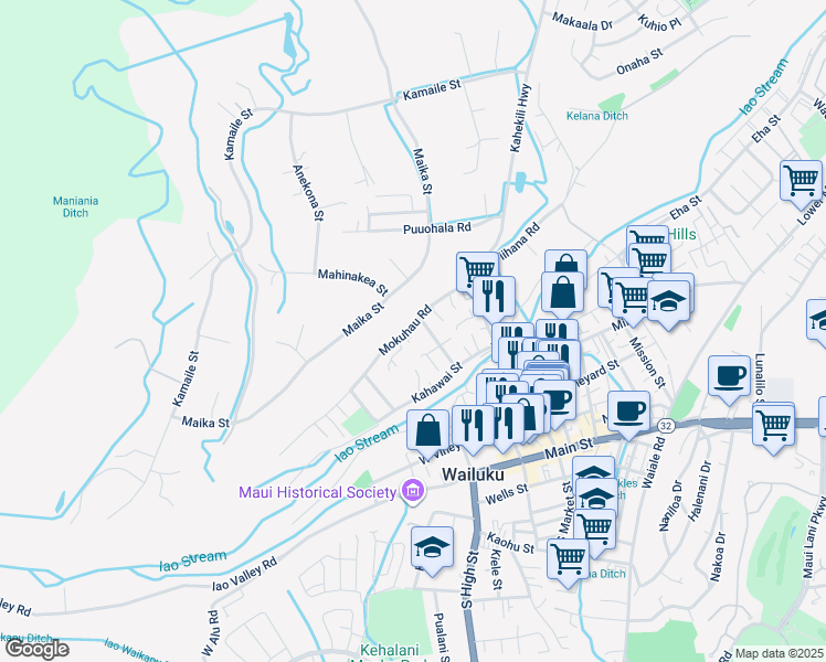 map of restaurants, bars, coffee shops, grocery stores, and more near 2097 Mokuhau Road in Wailuku