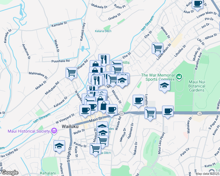 map of restaurants, bars, coffee shops, grocery stores, and more near 144 Kaniela Street in Wailuku