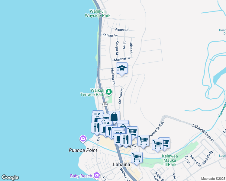 map of restaurants, bars, coffee shops, grocery stores, and more near 1401 Ainakea Road in Lahaina