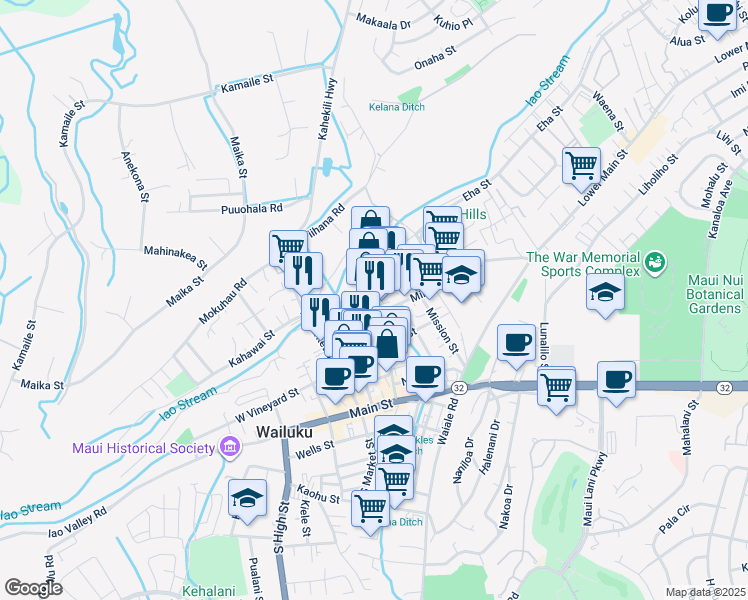 map of restaurants, bars, coffee shops, grocery stores, and more near 1787 Wili Pa Loop in Wailuku