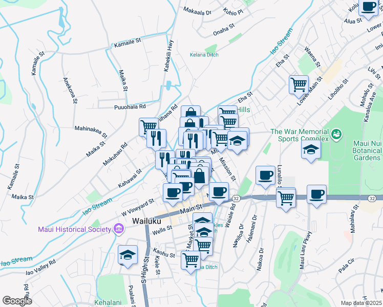 map of restaurants, bars, coffee shops, grocery stores, and more near 1787 Wili Pa Loop in Wailuku